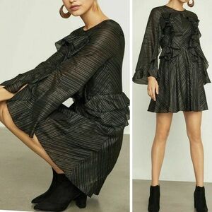 BCBGMaxazria‎ Metallic Ruffled Detail Black Silver & Gold Cocktail Dress Large